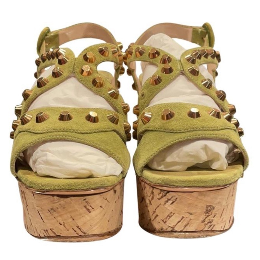 Prada- Lime Green Gold Studded Sandal with Cork wedge heel - Picture 3 of 8